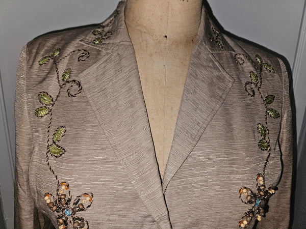 Size 12 SILKLAND Tan Embroidered & Beaded 2-Pc Vintage Skirt Suit