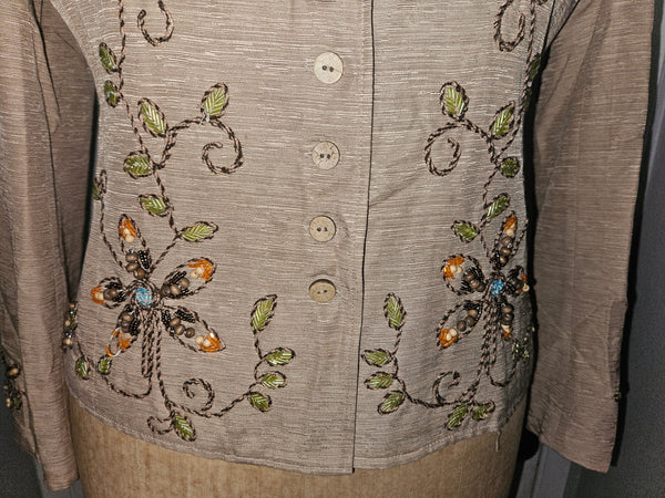 Size 12 SILKLAND Tan Embroidered & Beaded 2-Pc Vintage Skirt Suit