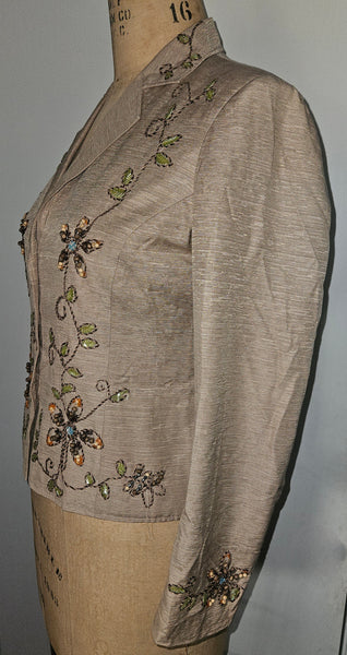 Size 12 SILKLAND Tan Embroidered & Beaded 2-Pc Vintage Skirt Suit