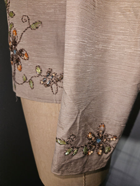 Size 12 SILKLAND Tan Embroidered & Beaded 2-Pc Vintage Skirt Suit