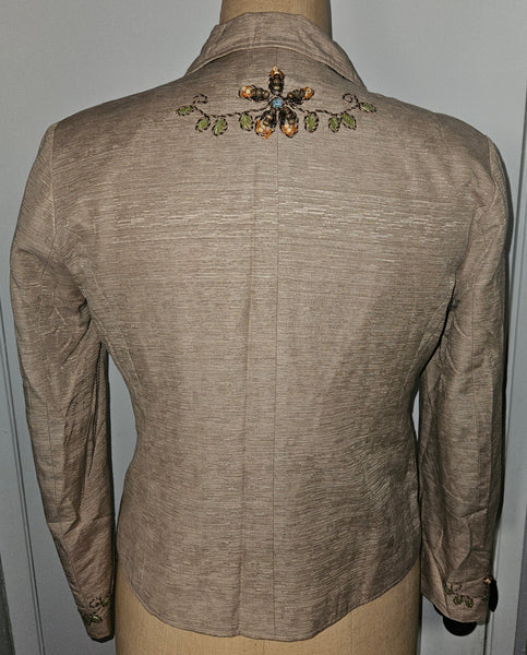 Size 12 SILKLAND Tan Embroidered & Beaded 2-Pc Vintage Skirt Suit