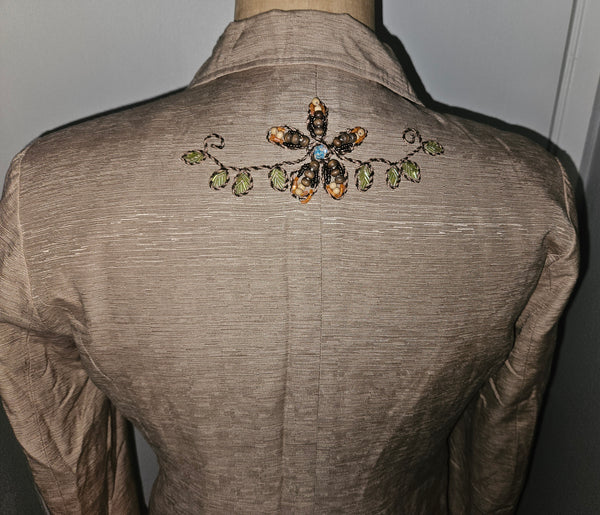 Size 12 SILKLAND Tan Embroidered & Beaded 2-Pc Vintage Skirt Suit