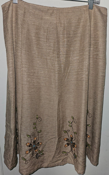 Size 12 SILKLAND Tan Embroidered & Beaded 2-Pc Vintage Skirt Suit