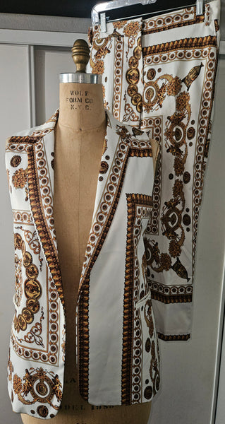 Med / Large OVI Women's 2-Pc Gold & White Roman Print Pant Suit (See details)