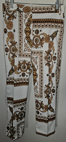 Med / Large OVI Women's 2-Pc Gold & White Roman Print Pant Suit (See details)