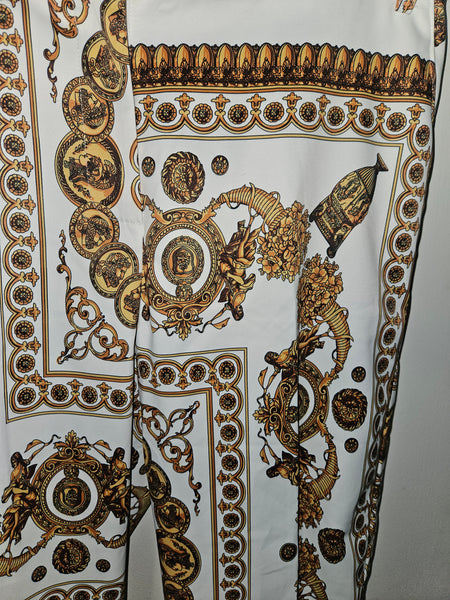 Med / Large OVI Women's 2-Pc Gold & White Roman Print Pant Suit (See details)