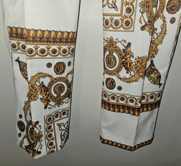 Med / Large OVI Women's 2-Pc Gold & White Roman Print Pant Suit (See details)