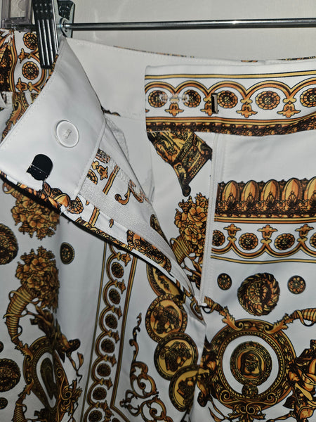 Med / Large OVI Women's 2-Pc Gold & White Roman Print Pant Suit (See details)