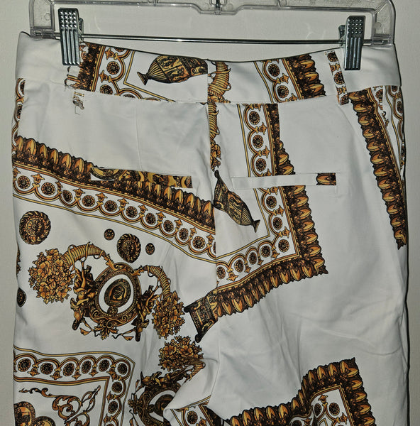 Med / Large OVI Women's 2-Pc Gold & White Roman Print Pant Suit (See details)