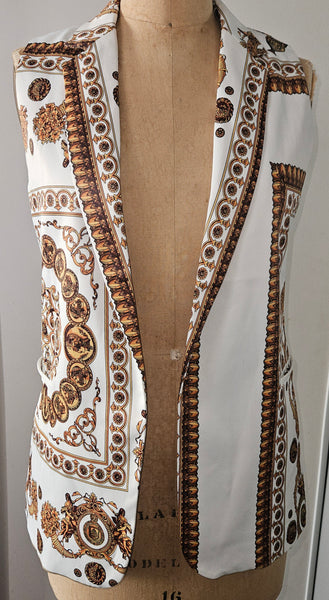 Med / Large OVI Women's 2-Pc Gold & White Roman Print Pant Suit (See details)