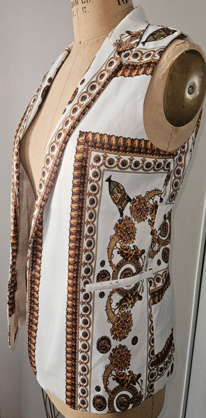 Med / Large OVI Women's 2-Pc Gold & White Roman Print Pant Suit (See details)