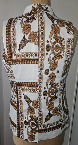Med / Large OVI Women's 2-Pc Gold & White Roman Print Pant Suit (See details)