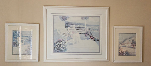 Set of 3 matching vintage framed and matted porch pictures coastal home wall decor