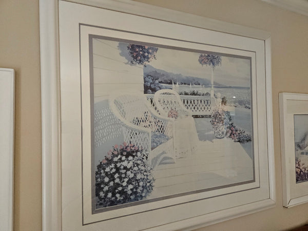 Set of 3 matching vintage framed and matted porch pictures coastal home wall decor