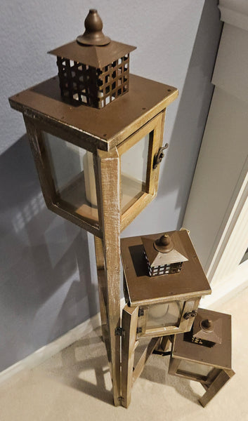 Unique Triple Tower Wood Folding Home Decor Lantern Stand