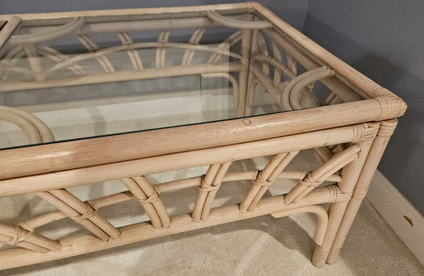 Light Tan Bamboo Style Glass Top Coffee Table