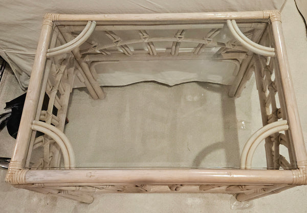 Light Tan Bamboo Style Glass Top End Table / Side Table