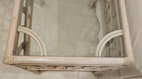 Light Tan Bamboo Style Glass Top End Table / Side Table