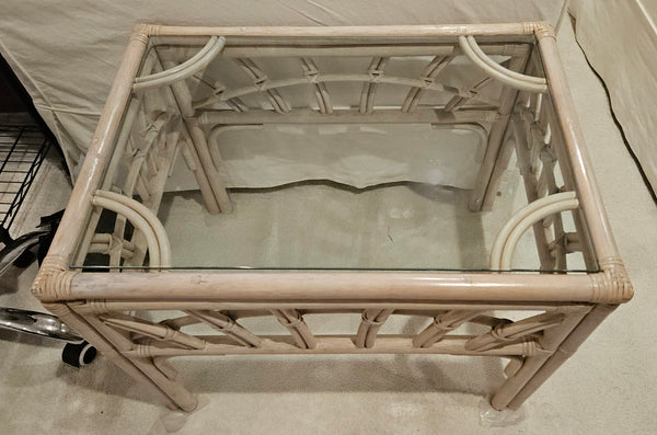 Light Tan Bamboo Style Glass Top End Table / Side Table