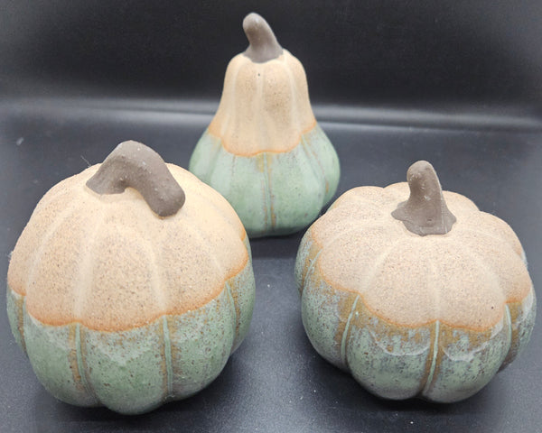 Set of 3 Ceramic Teal & Tan Pumpkin & Gourds