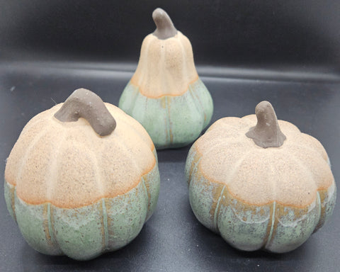 Set of 3 Ceramic Teal & Tan Pumpkin & Gourds