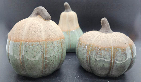 Set of 3 Ceramic Teal & Tan Pumpkin & Gourds