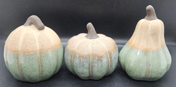 Set of 3 Ceramic Teal & Tan Pumpkin & Gourds