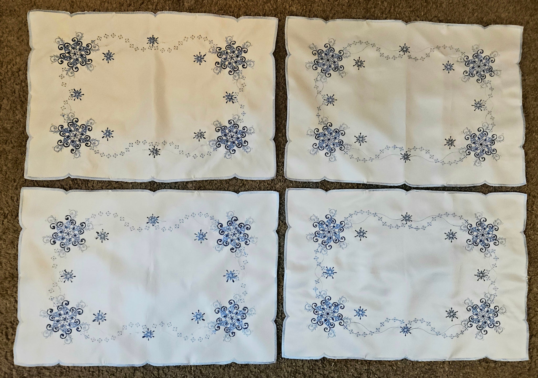 Set of 4 Vintage White & Blue Embroidered Snowflake Placemats