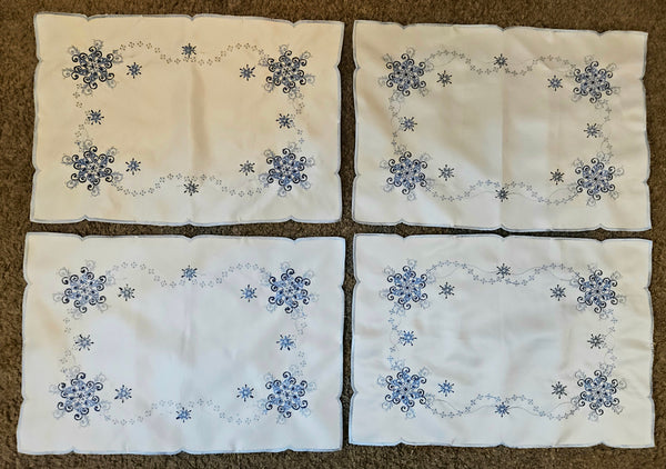 Set of 4 Vintage White & Blue Embroidered Snowflake Placemats
