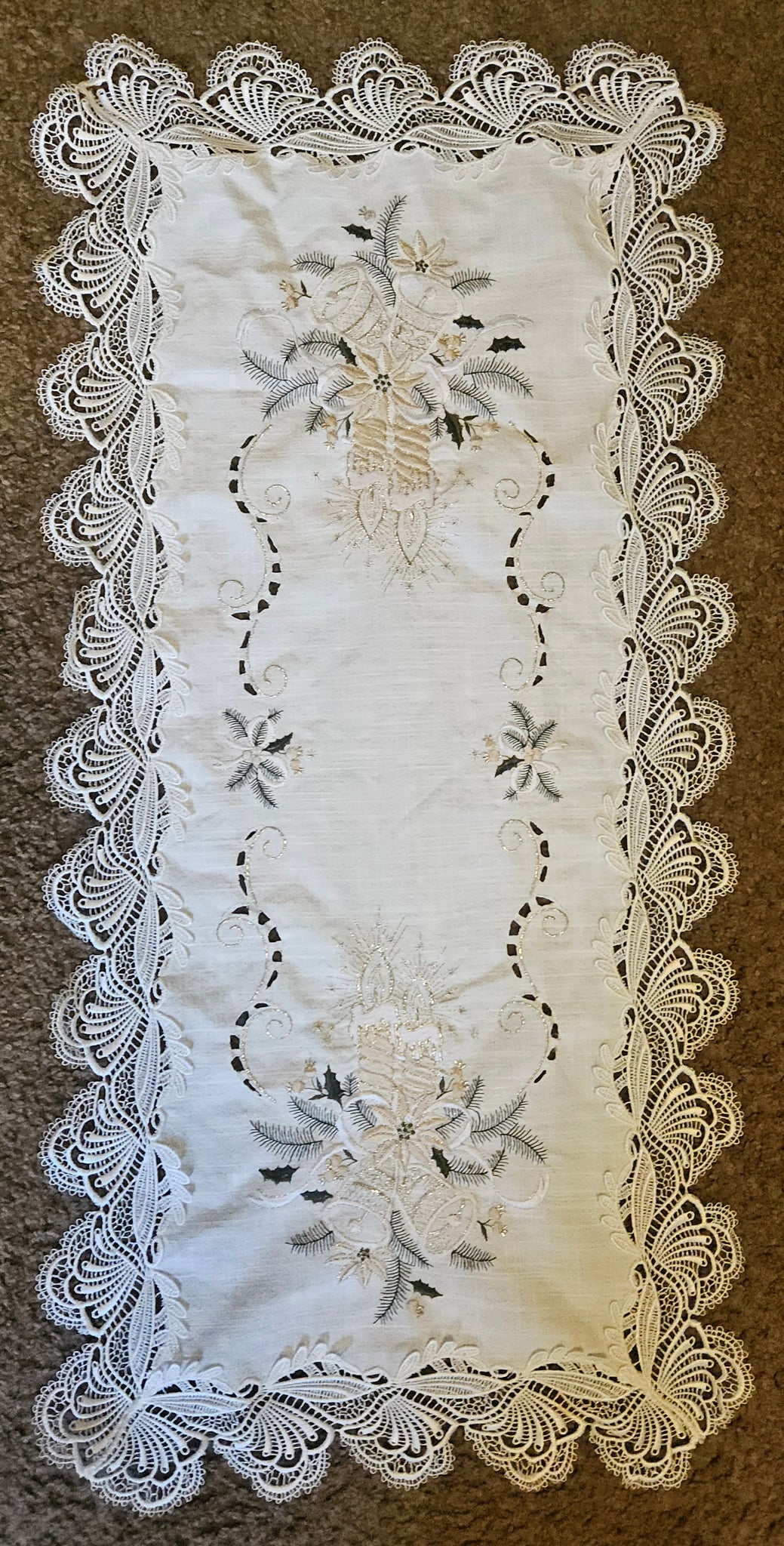 Embroidered White & Gold Christmas Candle & Bells Table Runner