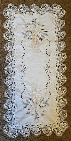 Embroidered White & Gold Christmas Candle & Bells Table Runner