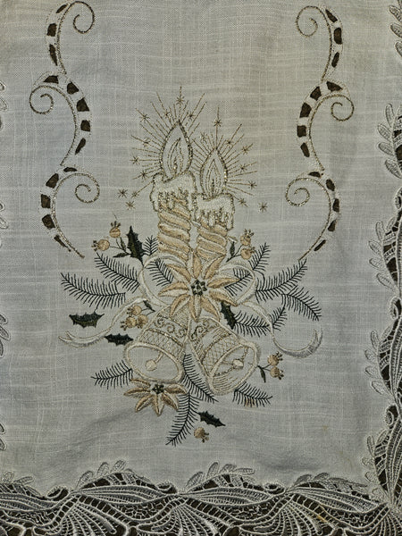 Embroidered White & Gold Christmas Candle & Bells Table Runner