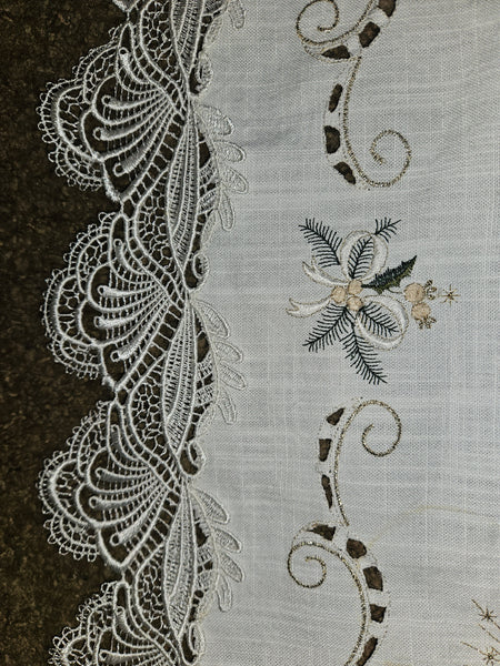 Embroidered White & Gold Christmas Candle & Bells Table Runner