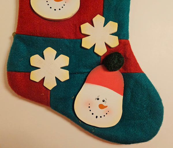 Let It Snow Wood Snowman & Snowflake Christmas Stocking