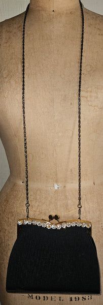 Black Rhinestone Trim Gold Kiss Lock Clasp Evening Bag Purse Formal Chic Elegant