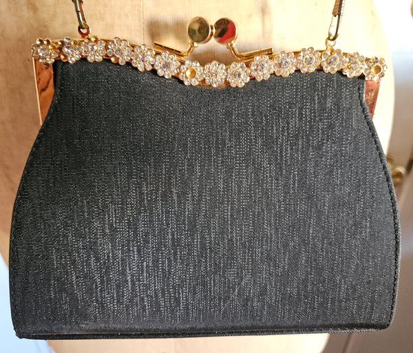 Black Rhinestone Trim Gold Kiss Lock Clasp Evening Bag Purse Formal Chic Elegant