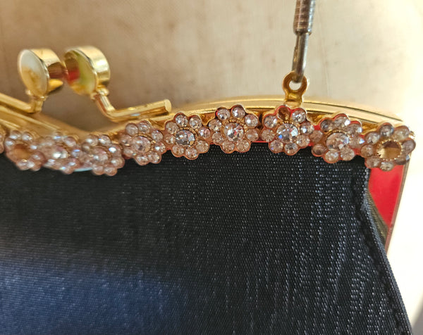 Black Rhinestone Trim Gold Kiss Lock Clasp Evening Bag Purse Formal Chic Elegant