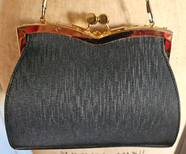 Black Rhinestone Trim Gold Kiss Lock Clasp Evening Bag Purse Formal Chic Elegant