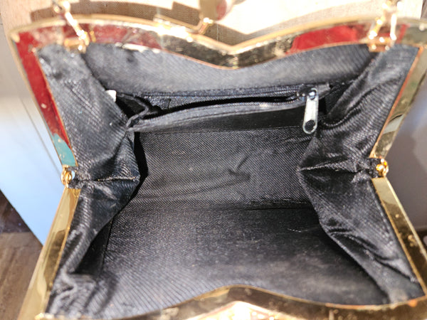 Black Rhinestone Trim Gold Kiss Lock Clasp Evening Bag Purse Formal Chic Elegant