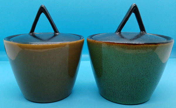 Set Of 2 Gabbay Green Brown Lidded Stoneware Jars Kitchen Storage Decor Accents