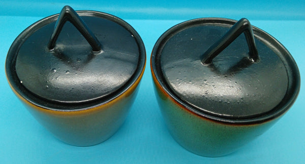 Set Of 2 Gabbay Green Brown Lidded Stoneware Jars Kitchen Storage Decor Accents