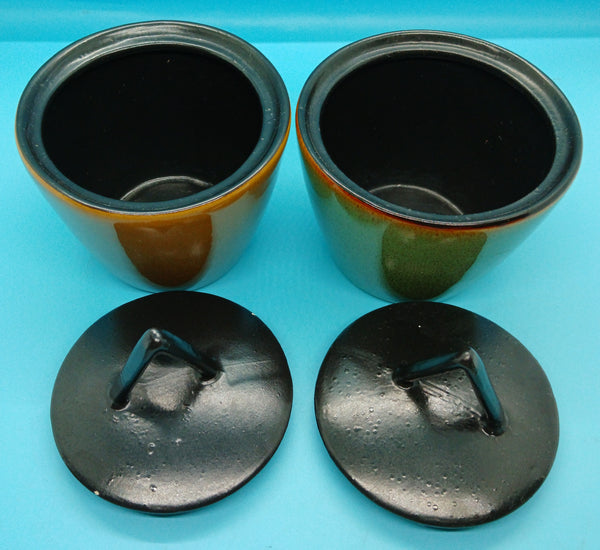 Set Of 2 Gabbay Green Brown Lidded Stoneware Jars Kitchen Storage Decor Accents