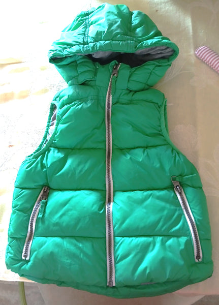 Boys Size 7/8 H&M L.O.G.G Green Hooded Sleeveless Puffer Vest Jacket Zip Pockets