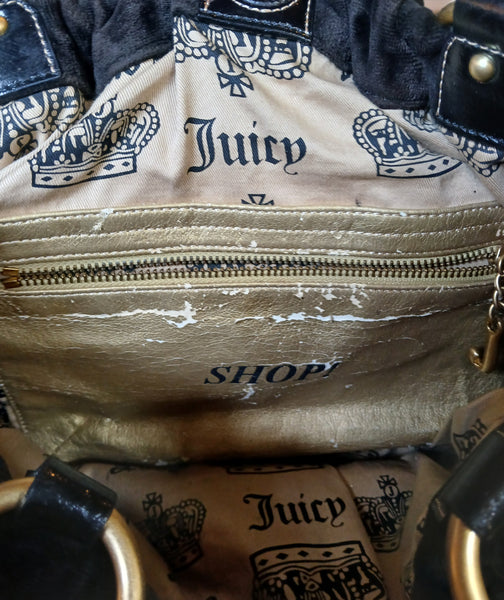 Juicy Couture Brown Velour Black Patent Leather Handbag Purse Stylish Y2K Fashion