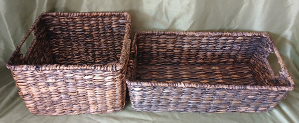 Set of 2 Dark Brown Baskets with Cutout Handles for Shelves, Pantry, Entryway Use