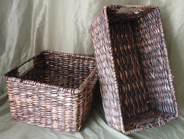 Set of 2 Dark Brown Baskets with Cutout Handles for Shelves, Pantry, Entryway Use