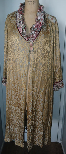 Women's Medium Vintage Goody Goody California Silk Blend Brocade Duster Coat w/ Gold Floral Trim