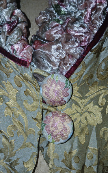 Women's Medium Vintage Goody Goody California Silk Blend Brocade Duster Coat w/ Gold Floral Trim