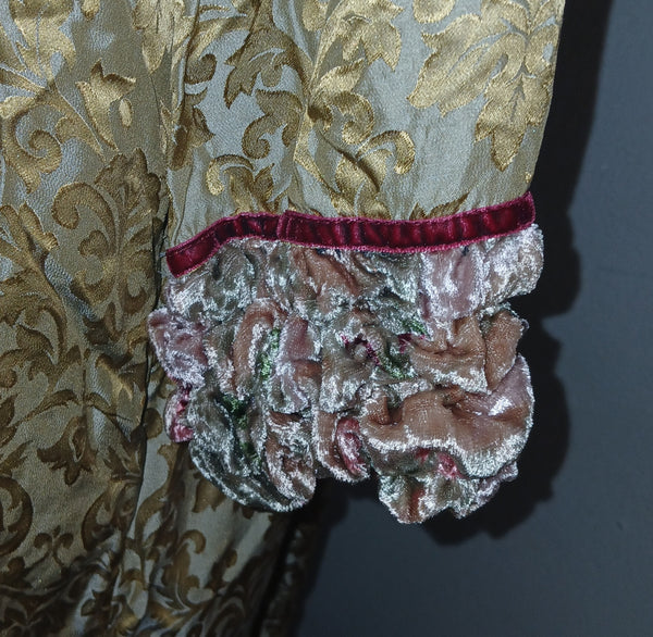 Women's Medium Vintage Goody Goody California Silk Blend Brocade Duster Coat w/ Gold Floral Trim