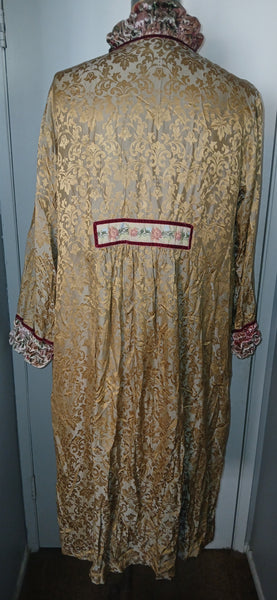 Women's Medium Vintage Goody Goody California Silk Blend Brocade Duster Coat w/ Gold Floral Trim